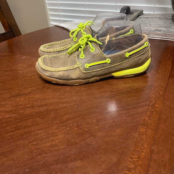 Twisted X Bomber Brown Leather Neon Yellow Boat Driving Mocs Moccasin - Picture 1 of 10